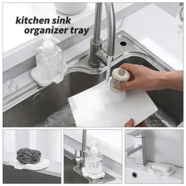 Alt view image 4 of 7 - Silicone Soap Dish with Drain Spout, Self-Draining Sink Organizer Tray for Bathroom and Kitchen, Sponges, Dispensers and Soap Holder, Non-Slip and Dishwasher Safe, White (Compact, 4.9"×3.2")