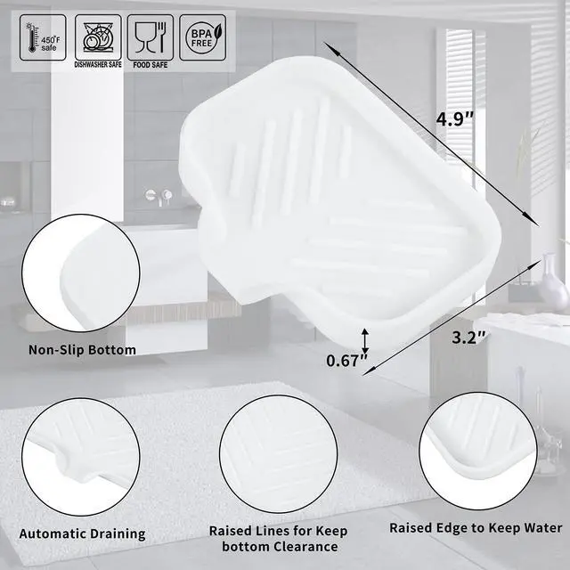 Alt view image 2 of 7 - Silicone Soap Dish with Drain Spout, Self-Draining Sink Organizer Tray for Bathroom and Kitchen, Sponges, Dispensers and Soap Holder, Non-Slip and Dishwasher Safe, White (Compact, 4.9"×3.2")
