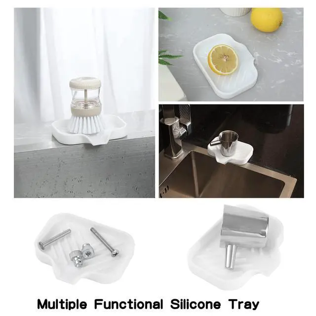 Alt view image 5 of 7 - Silicone Soap Dish with Drain Spout, Self-Draining Sink Organizer Tray for Bathroom and Kitchen, Sponges, Dispensers and Soap Holder, Non-Slip and Dishwasher Safe, White (Compact, 4.9"×3.2")