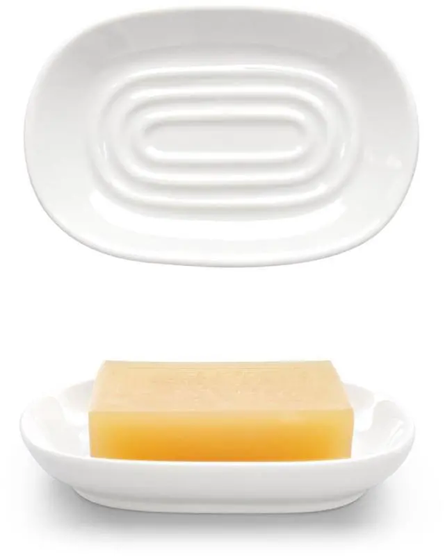 Main image of Ceramic Soap Dish for Bath Sink- Modern White Bar Soap Holder for Shower - Easy to Clean Multi-Purpose Oval Soap Dishes for Soap Bar, Sponges, Jewelry, Small Items | Fits Bathroom & Kitchen