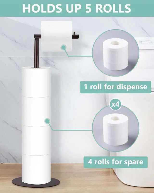 Alt view image 2 of 7 - Toilet Paper Holder Stand, Free Standing Toilet Paper Roll Holder for 4 Spare Rolls, Modern Bathroom Toilet Paper Stand with Reserve, Oil Rubbed Bronze