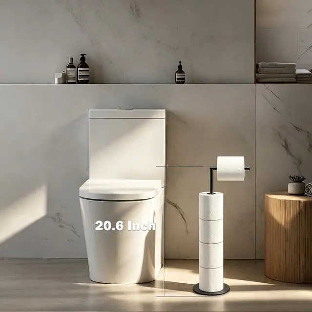 Alt view image 2 of 7 - Bath Toilet Paper Holder Stand- Modern Tissue Roll Holder Standing with Balanced Base, Rustproof Toilet Roll Holder for Bathroom/Kitchen Countertop (Matte Black, Metal Base)