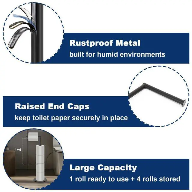 Alt view image 3 of 7 - Bath Toilet Paper Holder Stand- Modern Tissue Roll Holder Standing with Balanced Base, Rustproof Toilet Roll Holder for Bathroom/Kitchen Countertop (Matte Black, Metal Base)