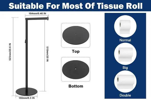 Alt view image 5 of 7 - Bath Toilet Paper Holder Stand- Modern Tissue Roll Holder Standing with Balanced Base, Rustproof Toilet Roll Holder for Bathroom/Kitchen Countertop (Matte Black, Metal Base)