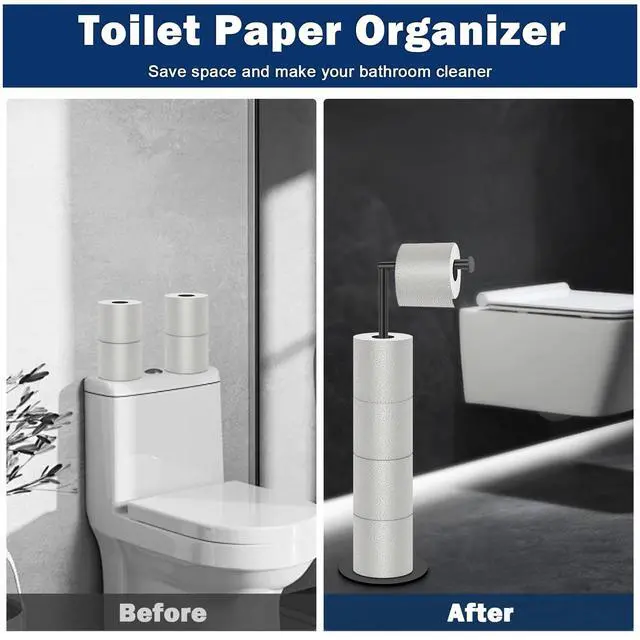 Alt view image 6 of 7 - Bath Toilet Paper Holder Stand- Modern Tissue Roll Holder Standing with Balanced Base, Rustproof Toilet Roll Holder for Bathroom/Kitchen Countertop (Matte Black, Metal Base)