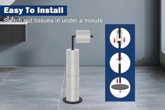 Alt view image 7 of 7 - Bath Toilet Paper Holder Stand- Modern Tissue Roll Holder Standing with Balanced Base, Rustproof Toilet Roll Holder for Bathroom/Kitchen Countertop (Matte Black, Metal Base)
