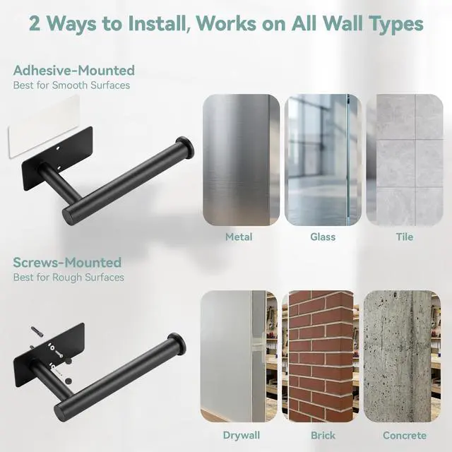 Alt view image 3 of 7 - Toilet Paper Holder Wall Mount, Adhesive/Screw, for Bathroom, RV, Black