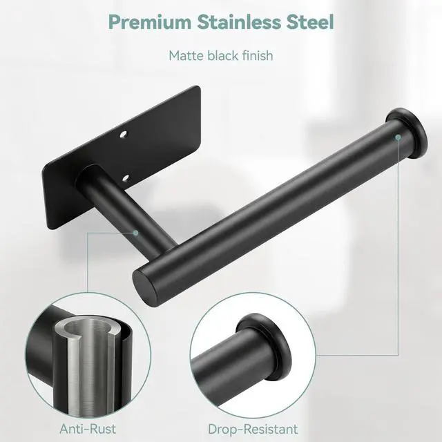 Alt view image 4 of 7 - Toilet Paper Holder Wall Mount, Adhesive/Screw, for Bathroom, RV, Black
