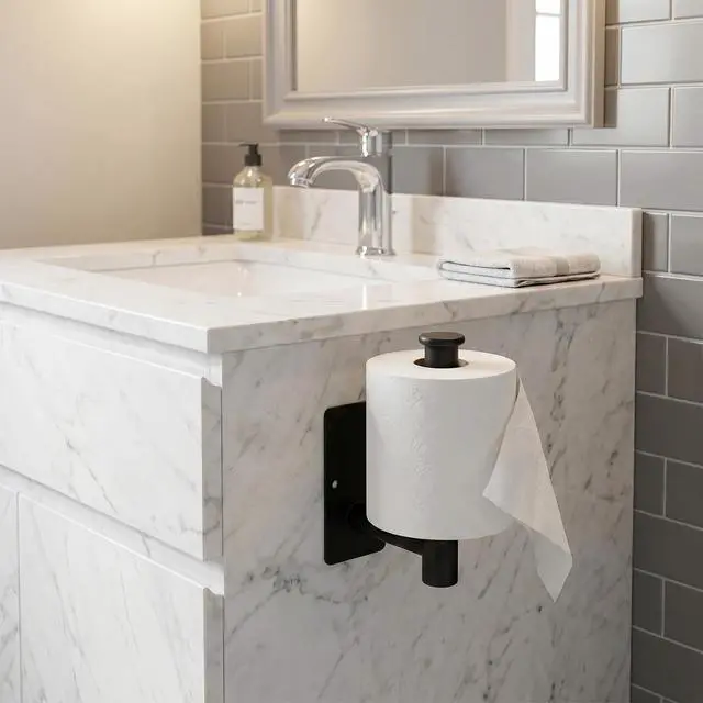 Alt view image 7 of 7 - Toilet Paper Holder Wall Mount, Adhesive/Screw, for Bathroom, RV, Black