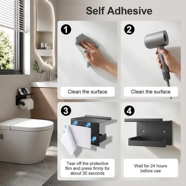 Alt view image 4 of 7 - Matte Black Toilet Paper Holder with Shelf