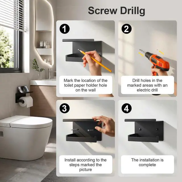 Alt view image 5 of 7 - Matte Black Toilet Paper Holder with Shelf
