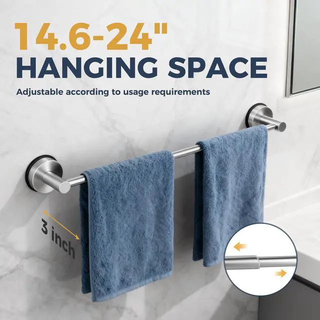 Alt view image 2 of 5 - 14.6inch~24inch Towel Racks for Bathroom,Adjustable Suction Cup Towel Bar for Bathroom Wall,Stainless Steel Bath Towel Holder for Shower(Brushed Silver)