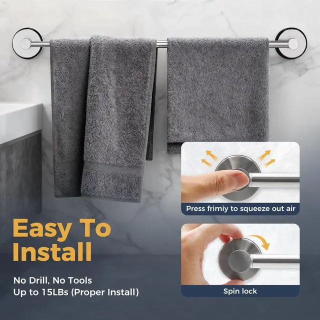 Alt view image 3 of 5 - 14.6inch~24inch Towel Racks for Bathroom,Adjustable Suction Cup Towel Bar for Bathroom Wall,Stainless Steel Bath Towel Holder for Shower(Brushed Silver)