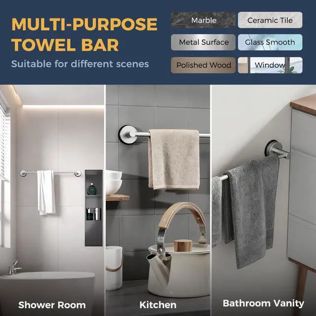 Alt view image 5 of 5 - 14.6inch~24inch Towel Racks for Bathroom,Adjustable Suction Cup Towel Bar for Bathroom Wall,Stainless Steel Bath Towel Holder for Shower(Brushed Silver)