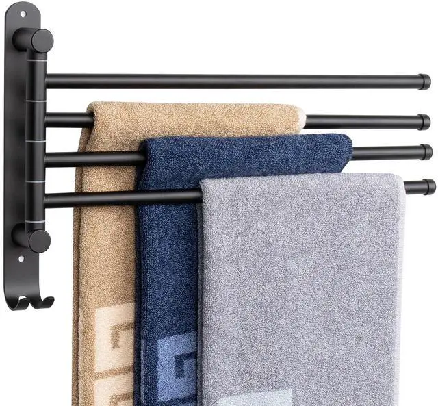Main image of Swivel Towel Rack, 13.8" Thicken 304 Stainless Steel 4-Arm Towel Bar, Space Saving Wall Mounted Towel Holder with Hook, Rustproof Swing Out Towel Hanger for Bathroom, Kitchen (Matte Black)