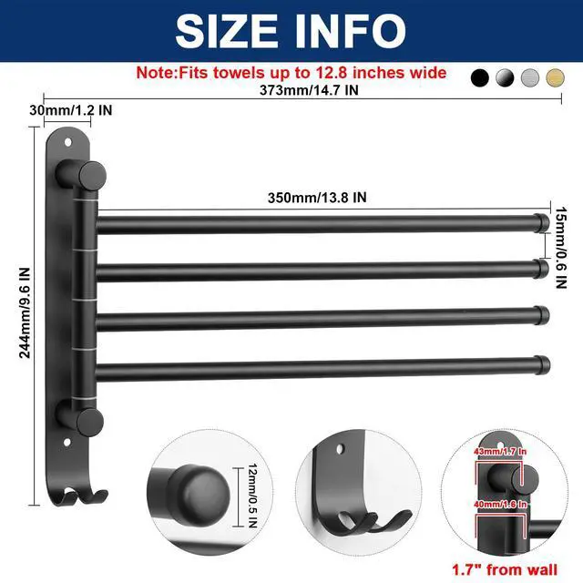 Alt view image 2 of 7 - Swivel Towel Rack, 13.8" Thicken 304 Stainless Steel 4-Arm Towel Bar, Space Saving Wall Mounted Towel Holder with Hook, Rustproof Swing Out Towel Hanger for Bathroom, Kitchen (Matte Black)