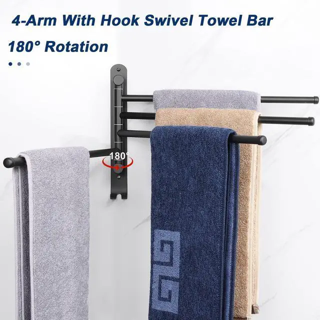 Alt view image 3 of 7 - Swivel Towel Rack, 13.8" Thicken 304 Stainless Steel 4-Arm Towel Bar, Space Saving Wall Mounted Towel Holder with Hook, Rustproof Swing Out Towel Hanger for Bathroom, Kitchen (Matte Black)