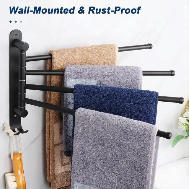 Alt view image 4 of 7 - Swivel Towel Rack, 13.8" Thicken 304 Stainless Steel 4-Arm Towel Bar, Space Saving Wall Mounted Towel Holder with Hook, Rustproof Swing Out Towel Hanger for Bathroom, Kitchen (Matte Black)
