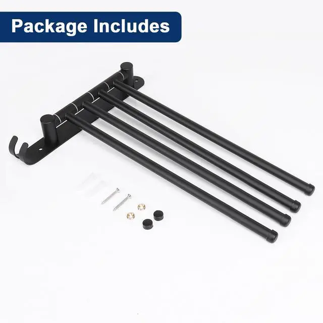 Alt view image 7 of 7 - Swivel Towel Rack, 13.8" Thicken 304 Stainless Steel 4-Arm Towel Bar, Space Saving Wall Mounted Towel Holder with Hook, Rustproof Swing Out Towel Hanger for Bathroom, Kitchen (Matte Black)