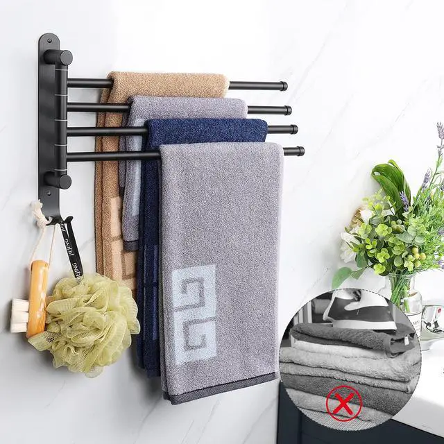 Alt view image 6 of 7 - Swivel Towel Rack, 13.8" Thicken 304 Stainless Steel 4-Arm Towel Bar, Space Saving Wall Mounted Towel Holder with Hook, Rustproof Swing Out Towel Hanger for Bathroom, Kitchen (Matte Black)