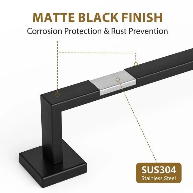 Alt view image 3 of 7 - 24 Inch Matte Black Towel Bar, Square Base, Total Length 26-Inch