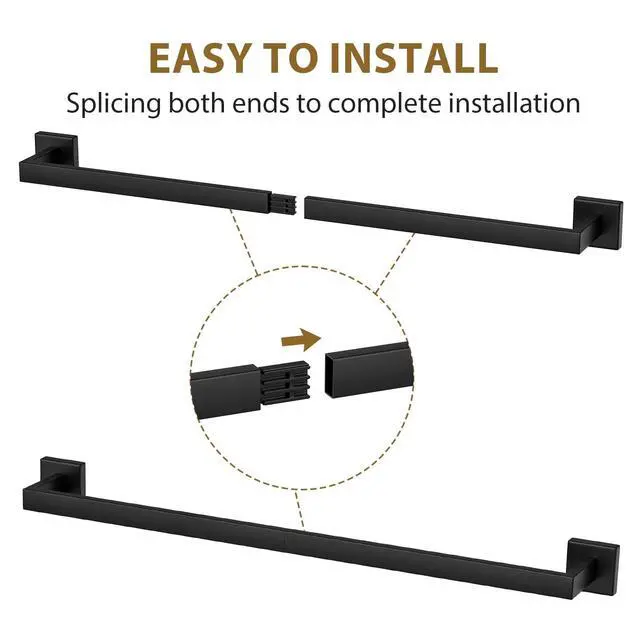 Alt view image 4 of 7 - 24 Inch Matte Black Towel Bar, Square Base, Total Length 26-Inch