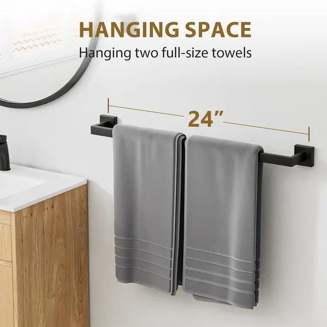 Alt view image 5 of 7 - 24 Inch Matte Black Towel Bar, Square Base, Total Length 26-Inch