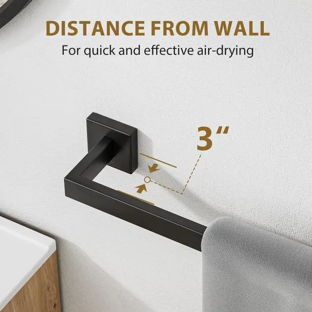 Alt view image 6 of 7 - 24 Inch Matte Black Towel Bar, Square Base, Total Length 26-Inch
