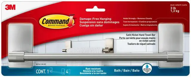Main image of Hand Towel Bar Satin Nickel with 4 Water Resistant Command Strips, 9" Hand Towel Holder, Holds up to 3 lb, Great for Bathroom Décor on the Wall, Inside the Cabinet, or in the Shower