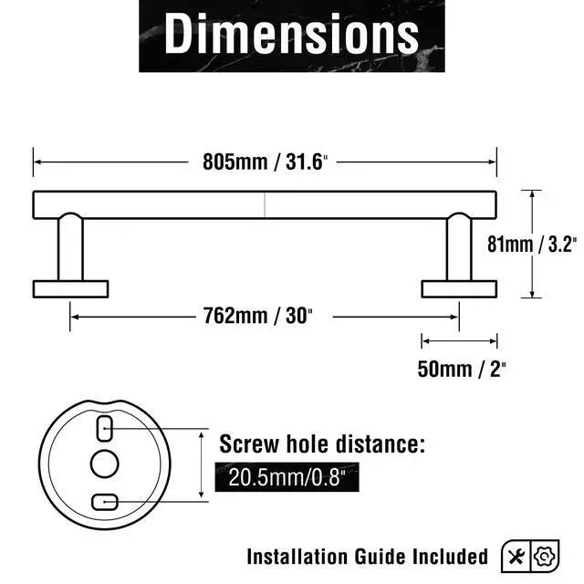 Alt view image 3 of 7 - Brushed Nickel 30 Inch Towel Bar for Bathroom, SUS304 Stainless Steel Bathroom Towel Rack Wall Mounted, Modern Home Decor Bath Towel Holder with Hardware Accessories (Total Length 31.6 Inch)