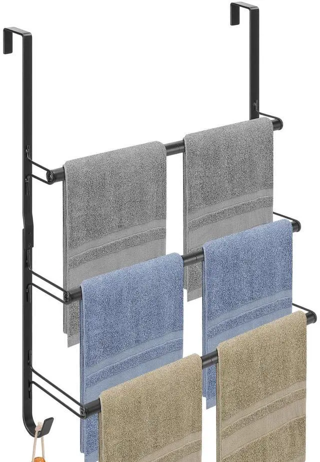Main image of 3-Tier Over The Door Towel Rack, All Metal Towel Rack with Hooks for Door Hanging, Behind Door Towel Bar Towel Storage Holder for Bathroom Accessories, Black (19.37" L x 5.9" W x 24.4" H)