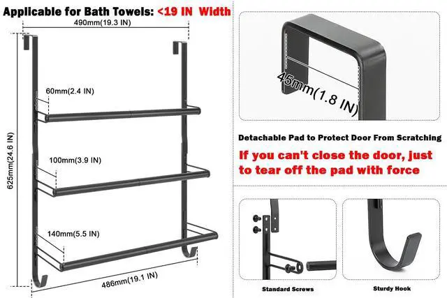 Alt view image 2 of 7 - 3-Tier Over The Door Towel Rack, All Metal Towel Rack with Hooks for Door Hanging, Behind Door Towel Bar Towel Storage Holder for Bathroom Accessories, Black (19.37" L x 5.9" W x 24.4" H)