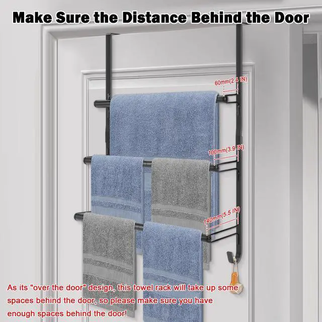 Alt view image 3 of 7 - 3-Tier Over The Door Towel Rack, All Metal Towel Rack with Hooks for Door Hanging, Behind Door Towel Bar Towel Storage Holder for Bathroom Accessories, Black (19.37" L x 5.9" W x 24.4" H)