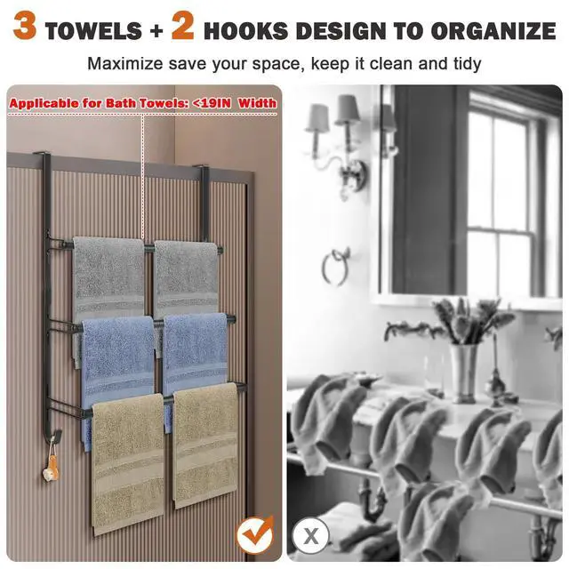 Alt view image 4 of 7 - 3-Tier Over The Door Towel Rack, All Metal Towel Rack with Hooks for Door Hanging, Behind Door Towel Bar Towel Storage Holder for Bathroom Accessories, Black (19.37" L x 5.9" W x 24.4" H)
