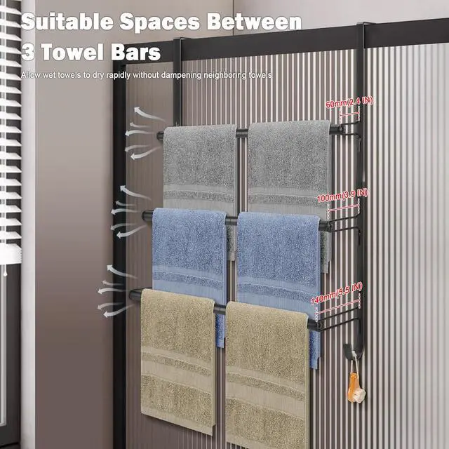 Alt view image 5 of 7 - 3-Tier Over The Door Towel Rack, All Metal Towel Rack with Hooks for Door Hanging, Behind Door Towel Bar Towel Storage Holder for Bathroom Accessories, Black (19.37" L x 5.9" W x 24.4" H)