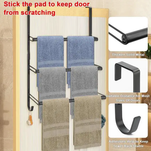 Alt view image 6 of 7 - 3-Tier Over The Door Towel Rack, All Metal Towel Rack with Hooks for Door Hanging, Behind Door Towel Bar Towel Storage Holder for Bathroom Accessories, Black (19.37" L x 5.9" W x 24.4" H)
