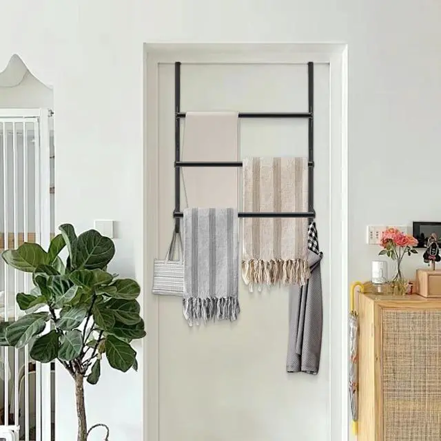 Alt view image 7 of 7 - 3-Tier Over The Door Towel Rack, All Metal Towel Rack with Hooks for Door Hanging, Behind Door Towel Bar Towel Storage Holder for Bathroom Accessories, Black (19.37" L x 5.9" W x 24.4" H)