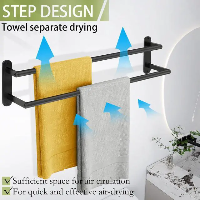 Alt view image 5 of 7 - Towel Racks for Bathroom, Double Towel Bar 24Inch, Stainless Steel Bathroom Towel Holder, Double Towel Rod Wall Mounted Towel Hanger, Bathroom Towel Rack(Matte Black)