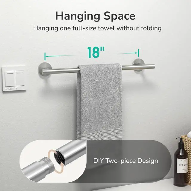 Alt view image 4 of 7 - Brushed Nickel Towel Bar, 18-Inch Towel Racks for Bathroom