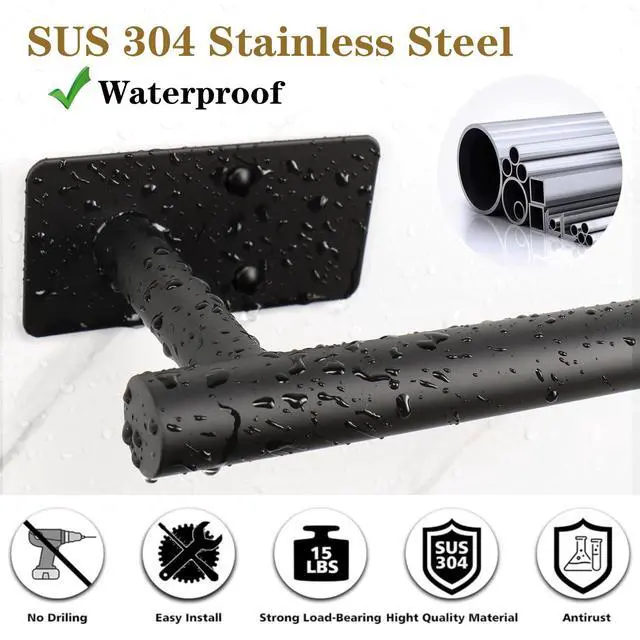 Alt view image 4 of 7 - Self Adhesive Bath Towel Bar, Stainless Steel Towel Racks for Bathroom Sticky & Wall Mounted Install Towel Holder, Heavy Duty Towel Rod Rustproof Towel Hanger for Bathroom(Matte Black,16In)