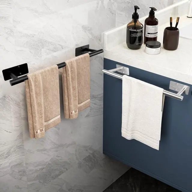 Alt view image 2 of 7 - Self Adhesive Bath Towel Bar, Stainless Steel Towel Racks for Bathroom Sticky & Wall Mounted Install Towel Holder, Heavy Duty Towel Rod Rustproof Towel Hanger for Bathroom(Matte Black,16In)