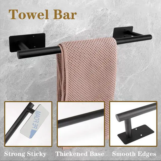 Alt view image 5 of 7 - Self Adhesive Bath Towel Bar, Stainless Steel Towel Racks for Bathroom Sticky & Wall Mounted Install Towel Holder, Heavy Duty Towel Rod Rustproof Towel Hanger for Bathroom(Matte Black,16In)