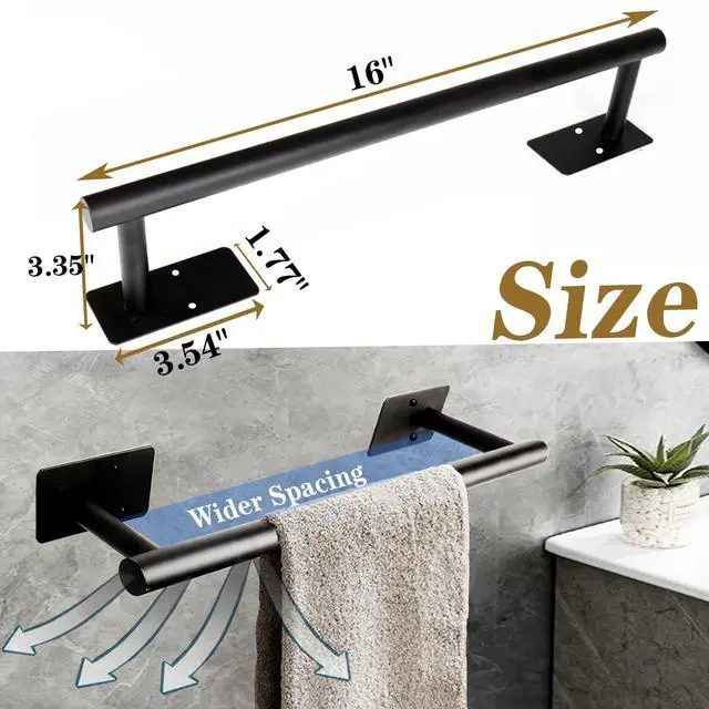 Alt view image 6 of 7 - Self Adhesive Bath Towel Bar, Stainless Steel Towel Racks for Bathroom Sticky & Wall Mounted Install Towel Holder, Heavy Duty Towel Rod Rustproof Towel Hanger for Bathroom(Matte Black,16In)