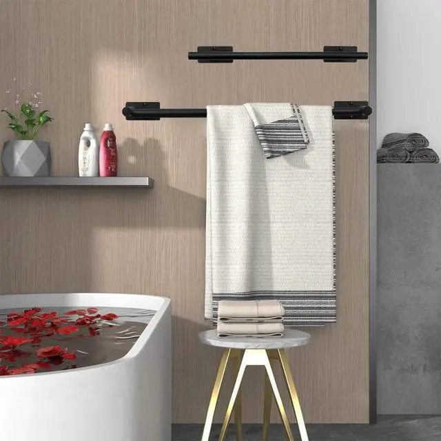 Alt view image 3 of 7 - Self Adhesive Bath Towel Bar, Stainless Steel Towel Racks for Bathroom Sticky & Wall Mounted Install Towel Holder, Heavy Duty Towel Rod Rustproof Towel Hanger for Bathroom(Matte Black,16In)