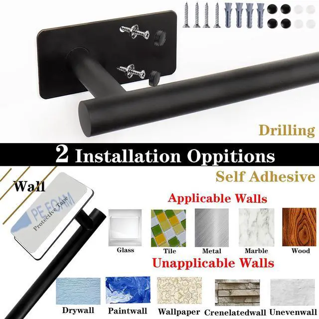 Alt view image 7 of 7 - Self Adhesive Bath Towel Bar, Stainless Steel Towel Racks for Bathroom Sticky & Wall Mounted Install Towel Holder, Heavy Duty Towel Rod Rustproof Towel Hanger for Bathroom(Matte Black,16In)