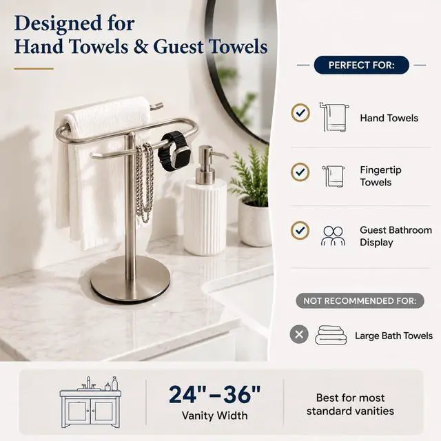 Alt view image 2 of 7 - Brushed Nickel Hand Towel Holder Stand,13 Inch Free-Standing Towel Rack, SUS304 Stainless Steel Towel Bar Rack Stand, Tower Bar for Bathroom Kitchen Vanity Countertop