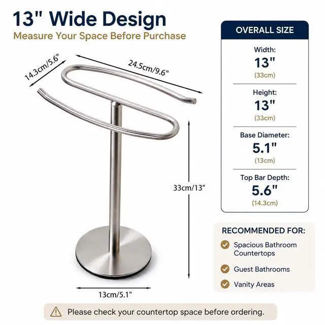 Alt view image 3 of 7 - Brushed Nickel Hand Towel Holder Stand,13 Inch Free-Standing Towel Rack, SUS304 Stainless Steel Towel Bar Rack Stand, Tower Bar for Bathroom Kitchen Vanity Countertop