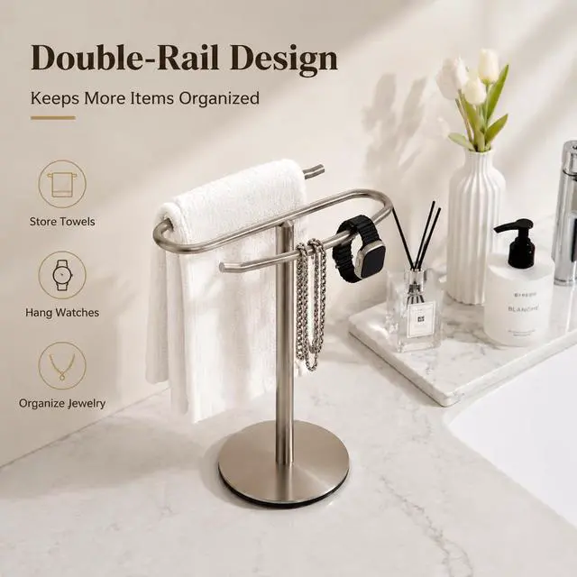 Alt view image 5 of 7 - Brushed Nickel Hand Towel Holder Stand,13 Inch Free-Standing Towel Rack, SUS304 Stainless Steel Towel Bar Rack Stand, Tower Bar for Bathroom Kitchen Vanity Countertop