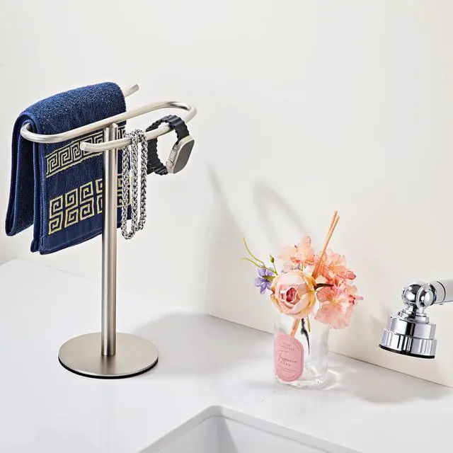 Alt view image 7 of 7 - Brushed Nickel Hand Towel Holder Stand,13 Inch Free-Standing Towel Rack, SUS304 Stainless Steel Towel Bar Rack Stand, Tower Bar for Bathroom Kitchen Vanity Countertop