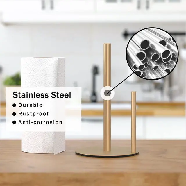 Alt view image 2 of 7 - Paper Towel Holder Gold, Premium Stainless Steel Kitchen Roll Dispenser, Countertop Roll Organizer
